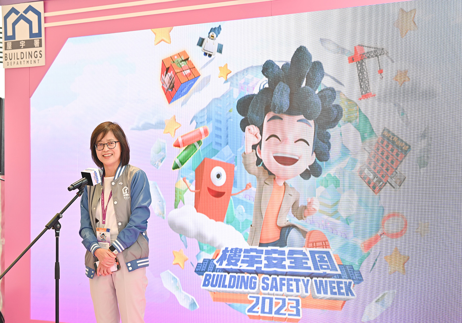 The Buildings Department launched Building Safety Week 2023 today (October 21). Picture shows the Director of Buildings, Ms Clarice Yu, speaks at the opening ceremony of Building Safety Week 2023.
